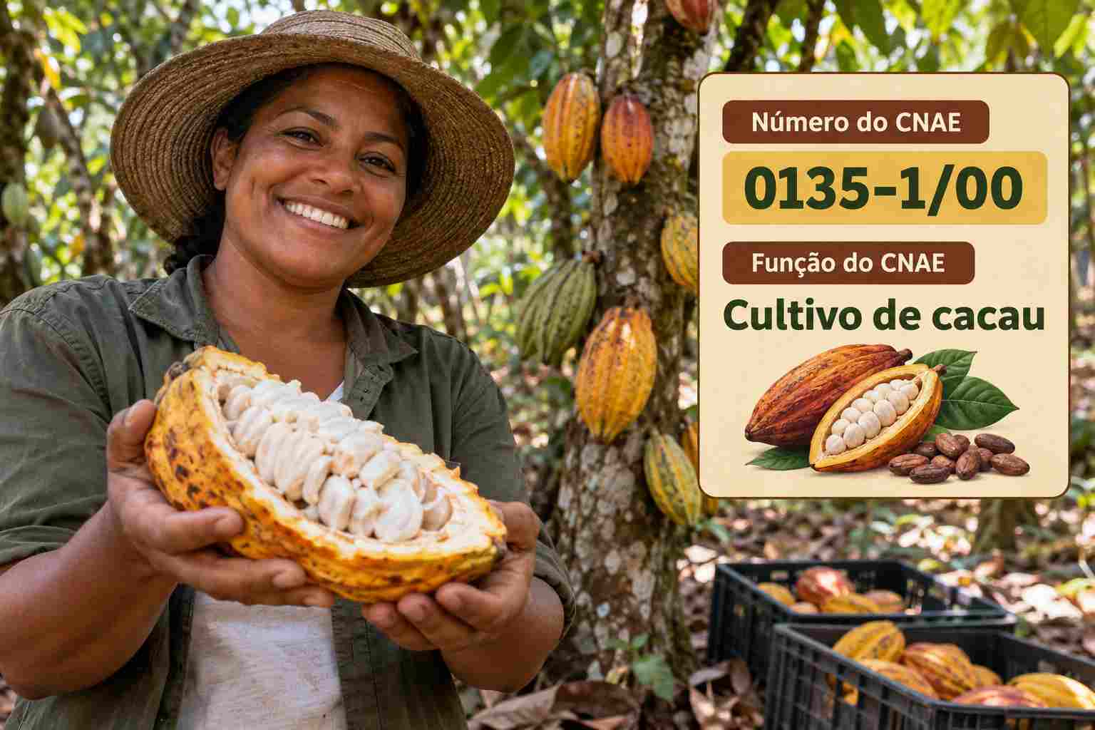 Frutos de cacau maduros no tronco do cacaueiro, ilustrando o CNAE 0135-1/00