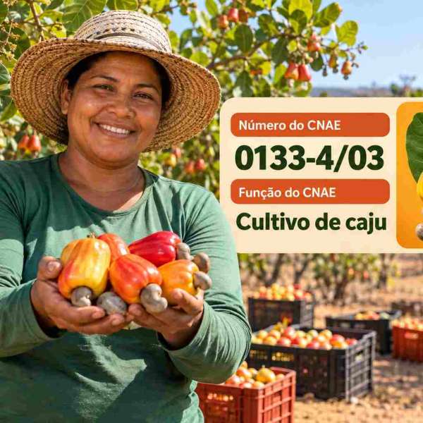 Cajus maduros com castanha no cajueiro, ilustrando o CNAE 0133-4/03