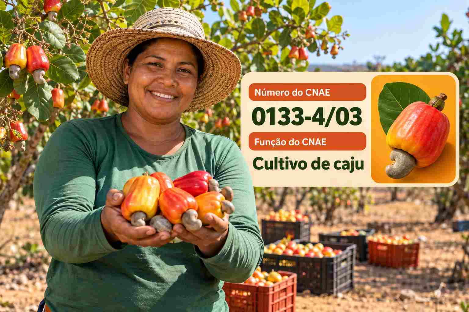 Cajus maduros com castanha no cajueiro, ilustrando o CNAE 0133-4/03