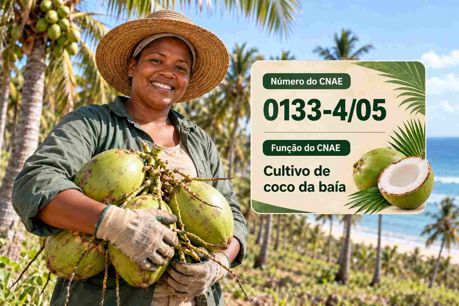 Cachos de coco verde no coqueiro, ilustrando o CNAE 0133-4/05
