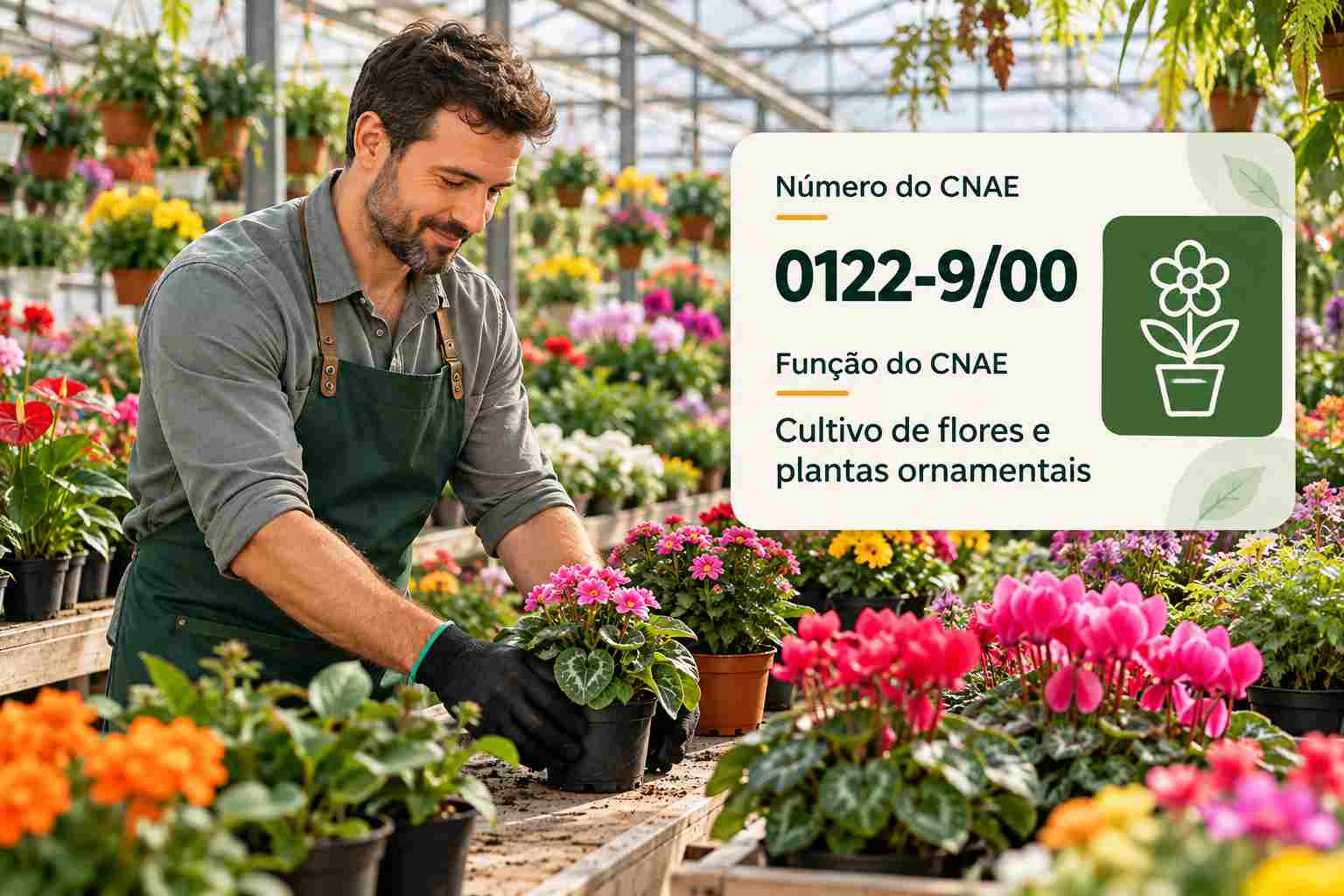 Estufa com produção de flores coloridas, ilustrando o CNAE 0122-9/00