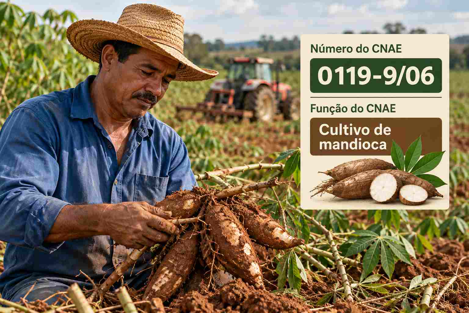 Raízes de mandioca recém-arrancadas na lavoura, ilustrando o CNAE 0119-9/06