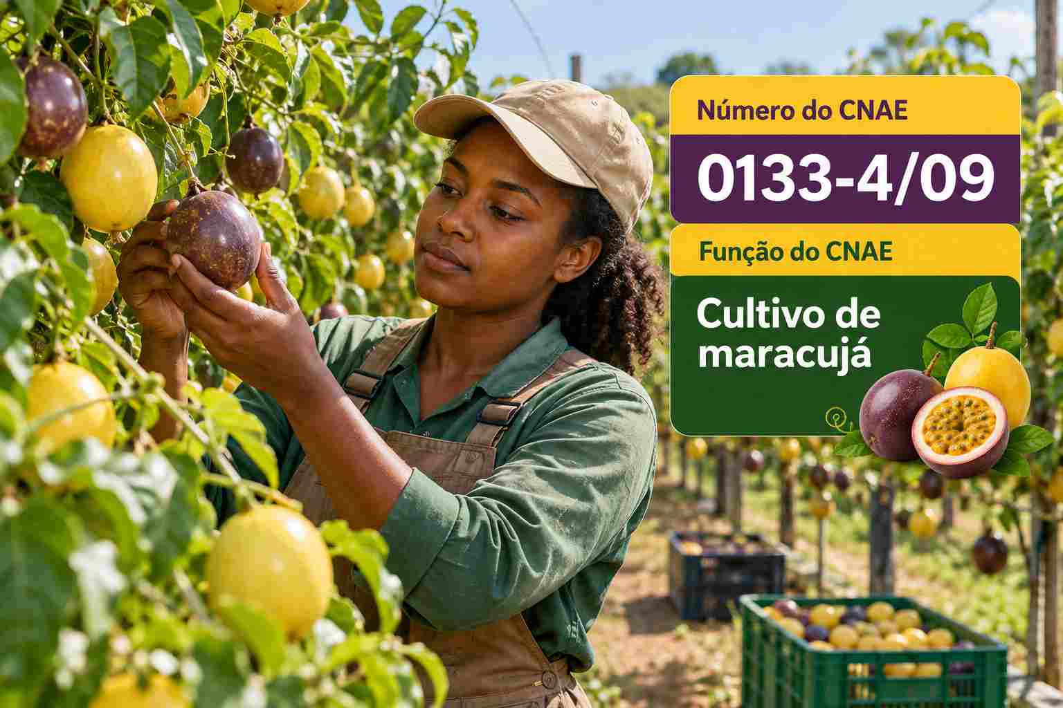 Maracujás amarelos na espaldeira, ilustrando o CNAE 0133-4/09