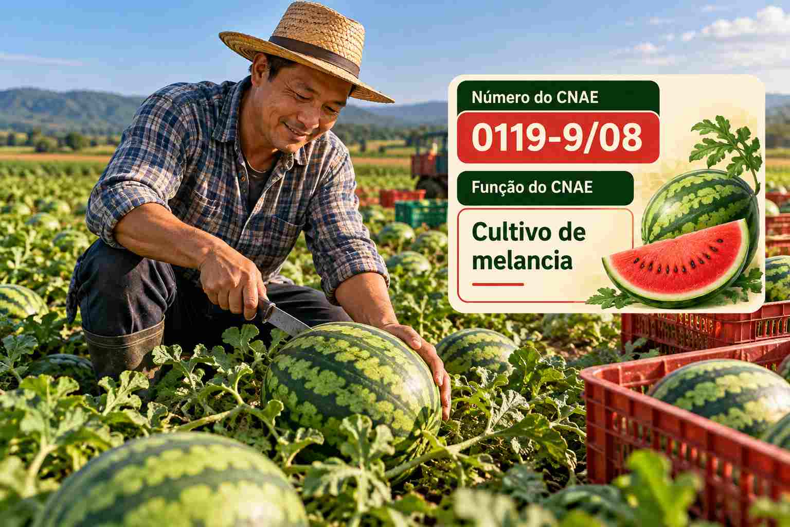 Melancias maduras na lavoura prontas para colheita, ilustrando o CNAE 0119-9/08