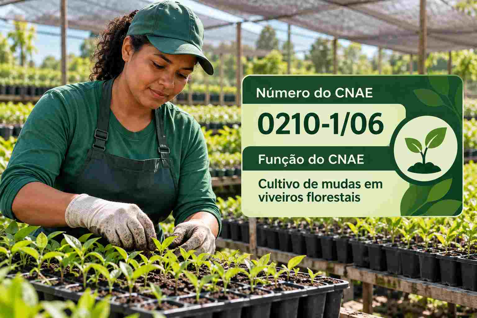 Mudas de eucalipto em tubetes num viveiro florestal, ilustrando o CNAE 0210-1/06