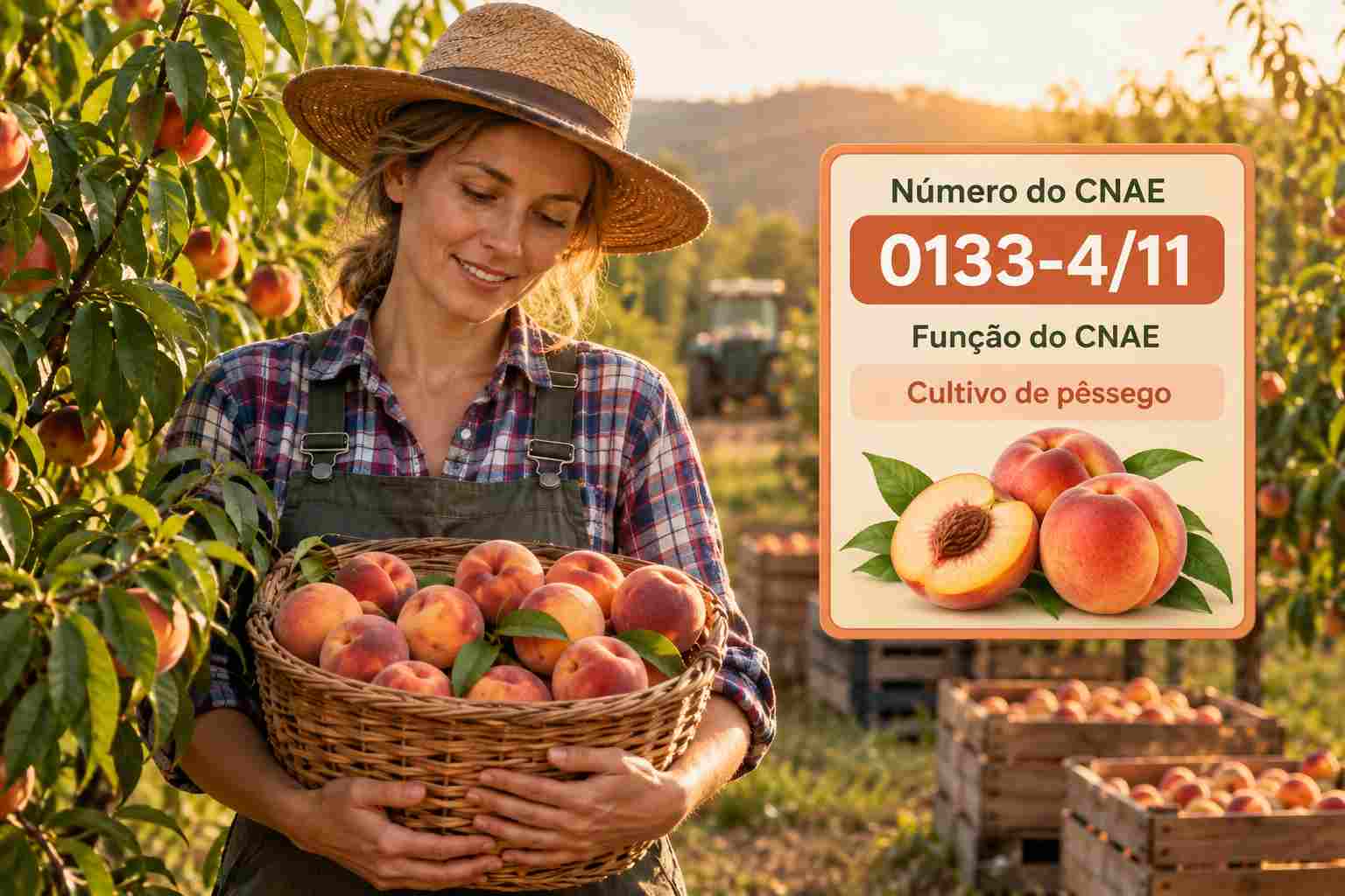 Pêssegos maduros no galho do pessegueiro, ilustrando o CNAE 0133-4/11