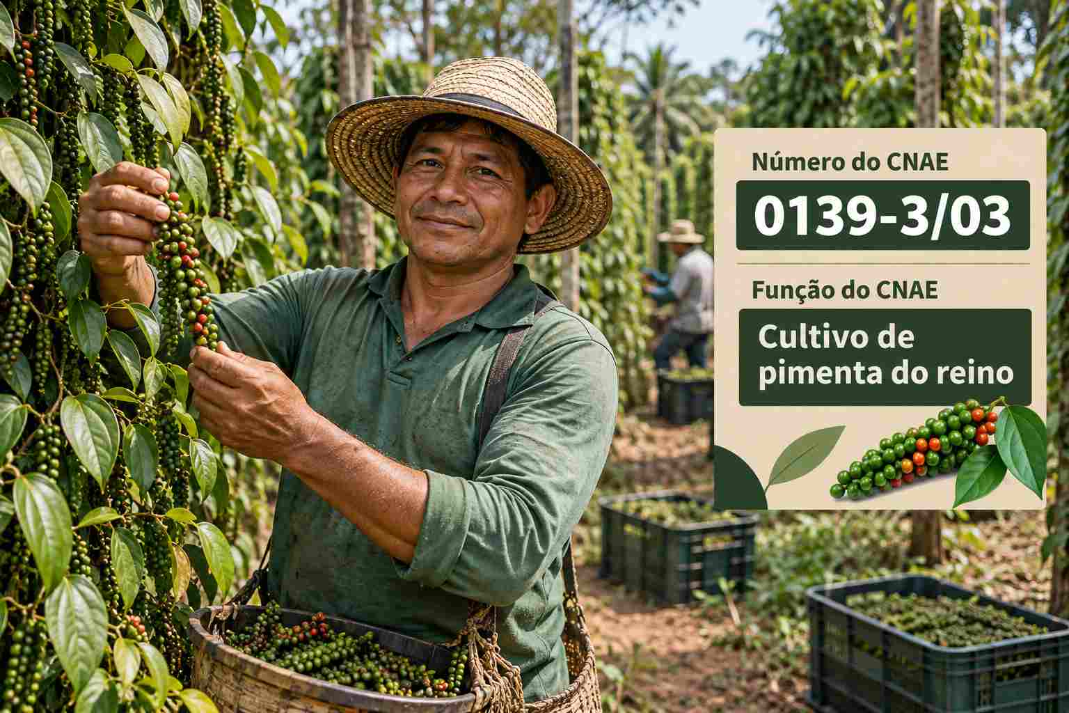 Espigas de pimenta-do-reino na pimenteira, ilustrando o CNAE 0139-3/03