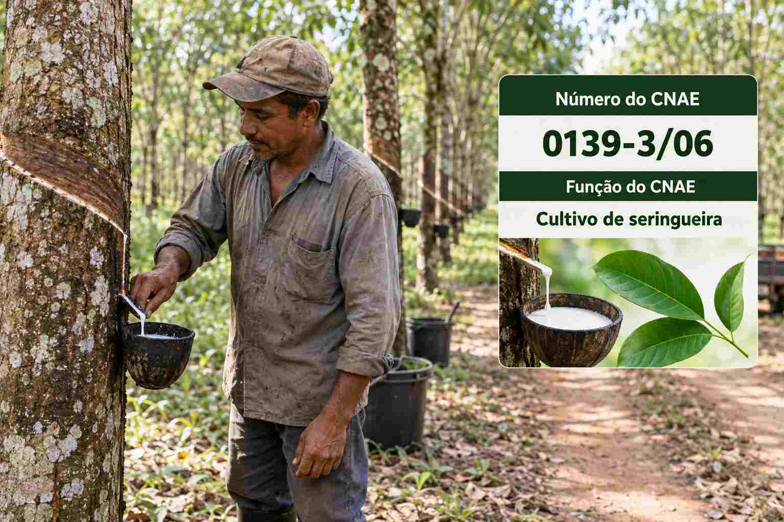 Seringueira sangrada com látex escorrendo pra caneca, ilustrando o CNAE 0139-3/06