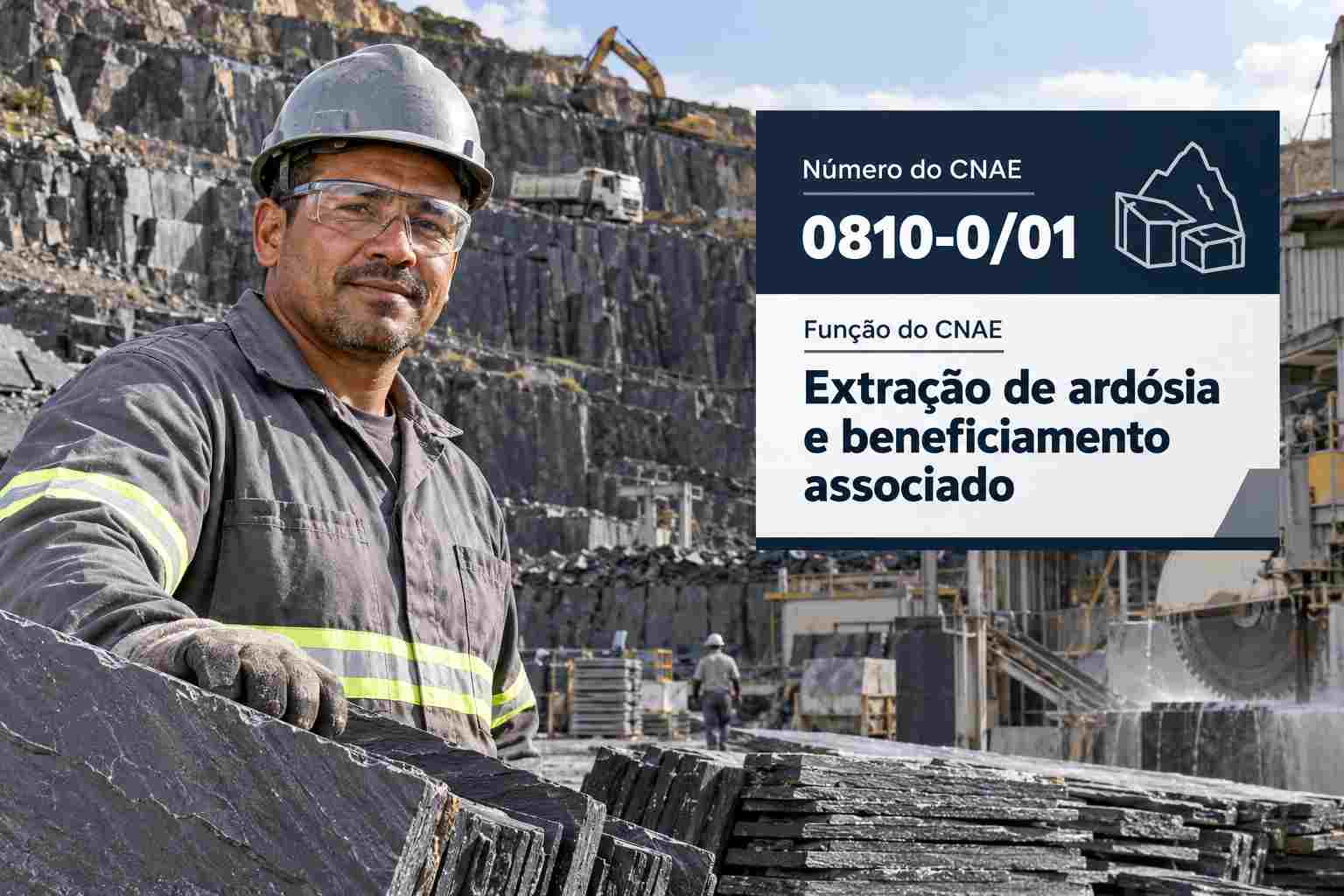 Pedreira de ardósia com placas empilhadas, ilustrando o CNAE 0810-0/01