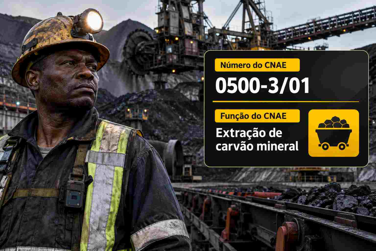 Mina de carvão a céu aberto com caminhões, ilustrando o CNAE 0500-3/01
