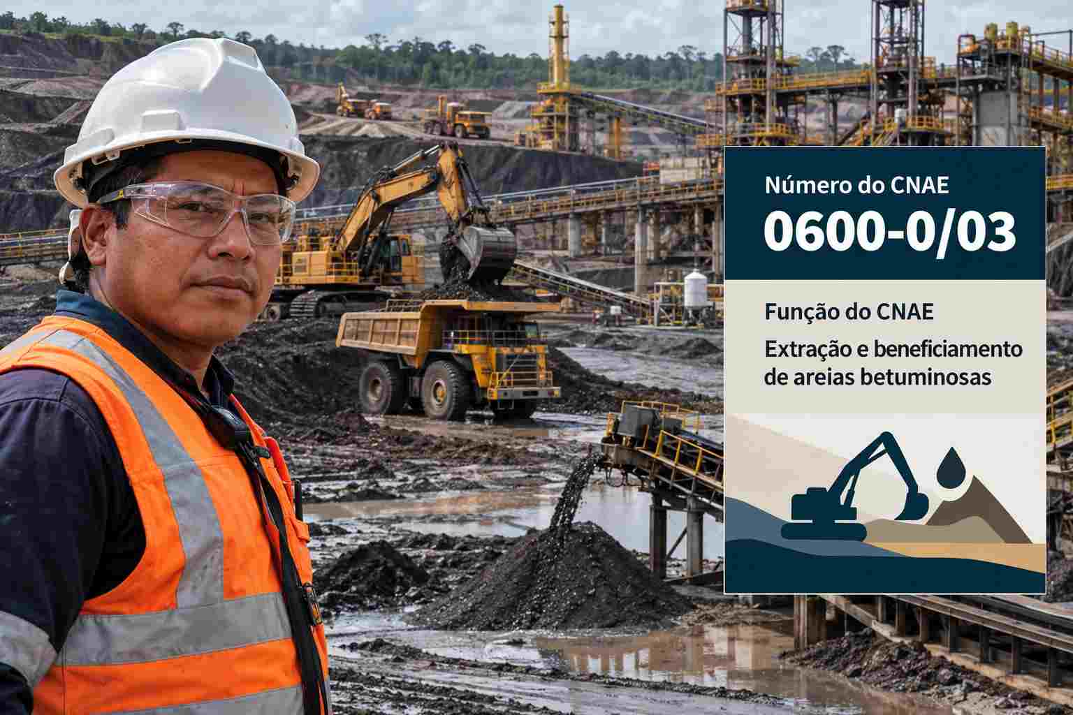 Areias betuminosas escuras em área de mineração, ilustrando o CNAE 0600-0/03