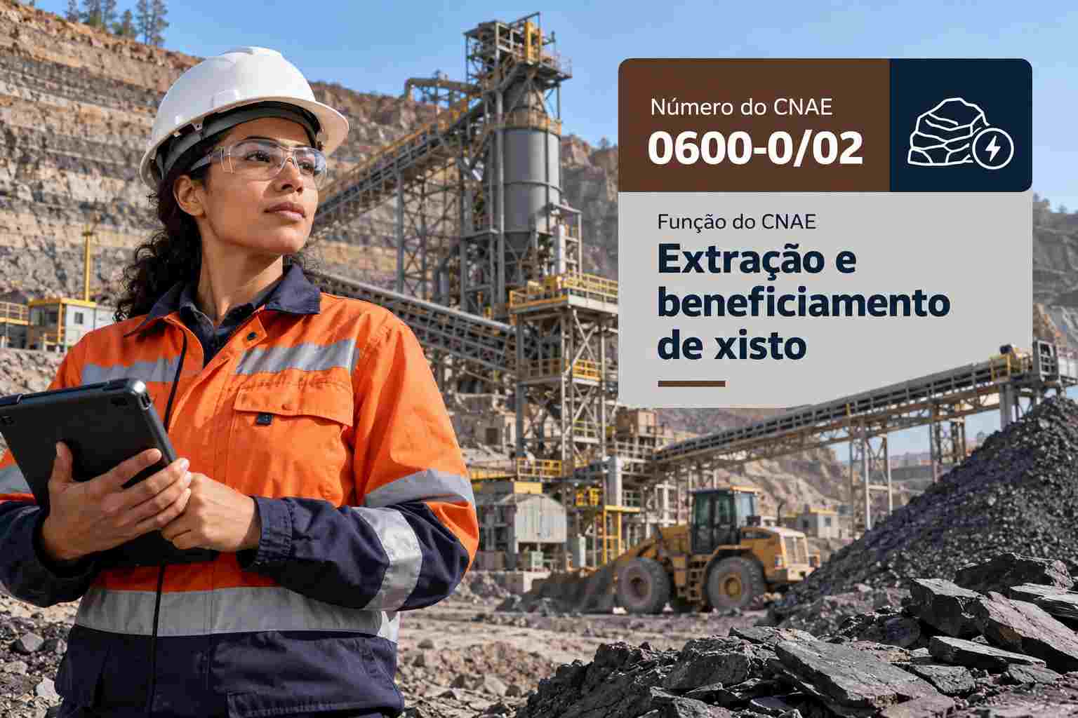 Mina de xisto a céu aberto com usina ao fundo, ilustrando o CNAE 0600-0/02