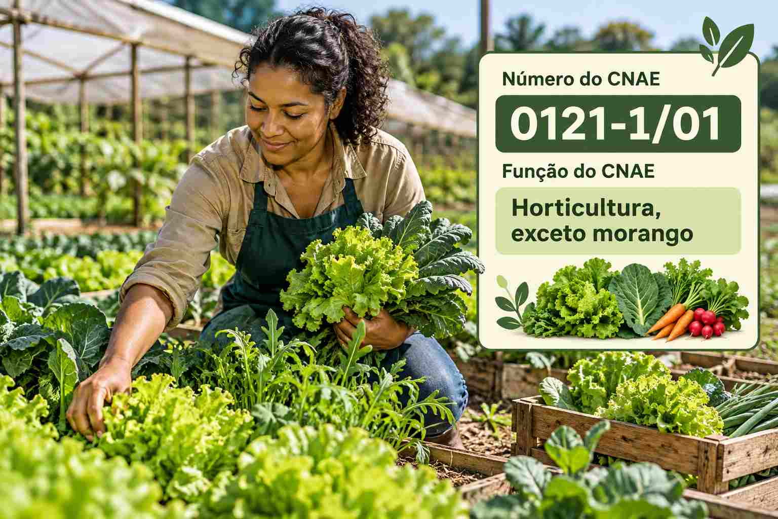 Canteiros de hortaliças folhosas em produção, ilustrando o CNAE 0121-1/01