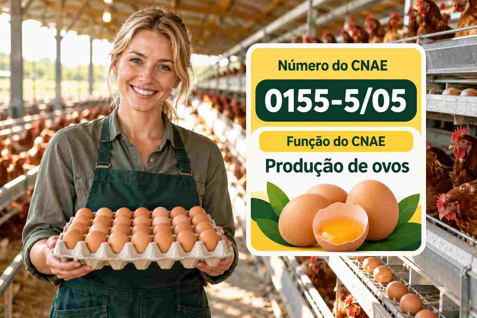 Ovos sendo coletados em granja de postura, ilustrando o CNAE 0155-5/05