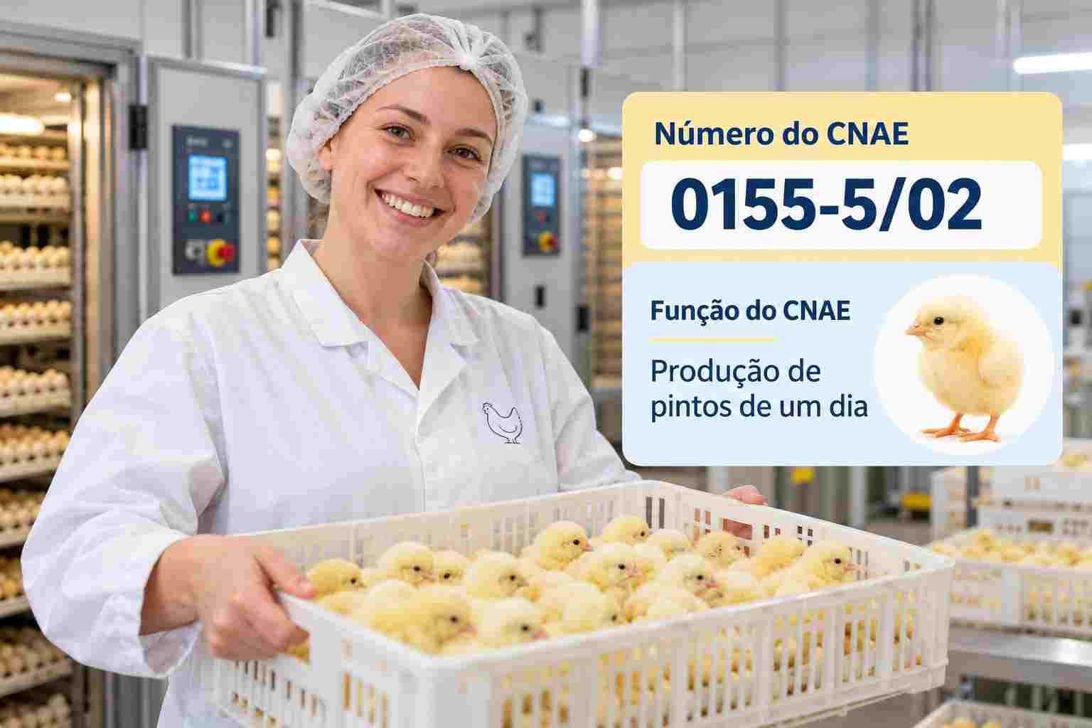 Pintinhos de um dia em caixas no incubatório, ilustrando o CNAE 0155-5/02