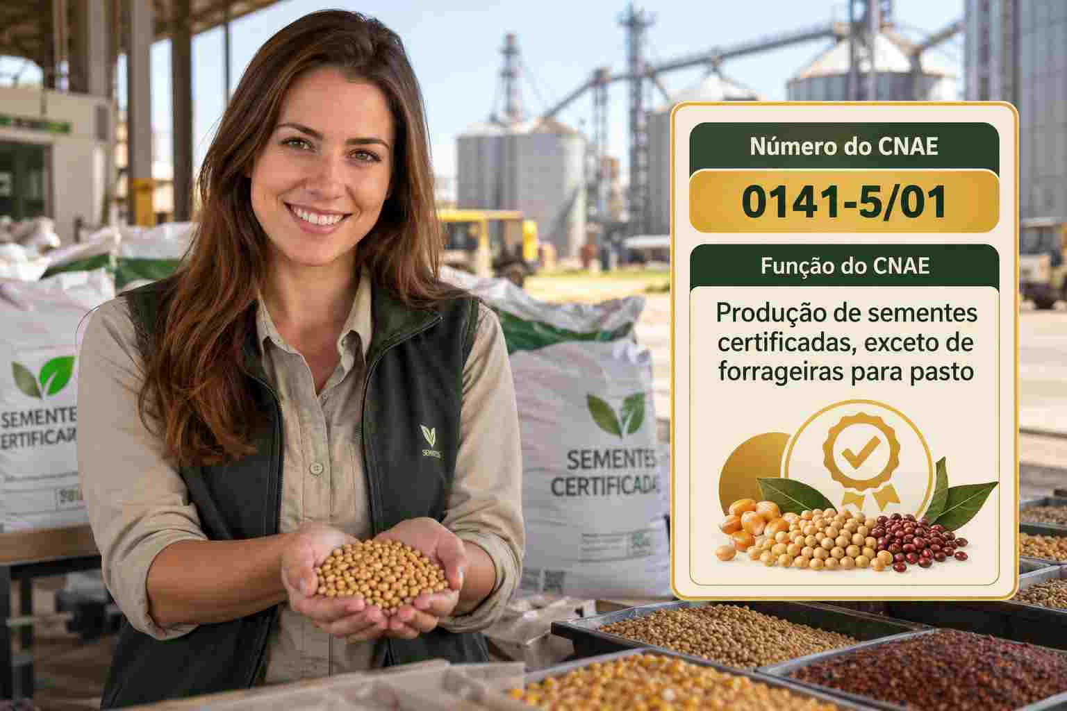 Sacos de sementes certificadas em armazém, ilustrando o CNAE 0141-5/01
