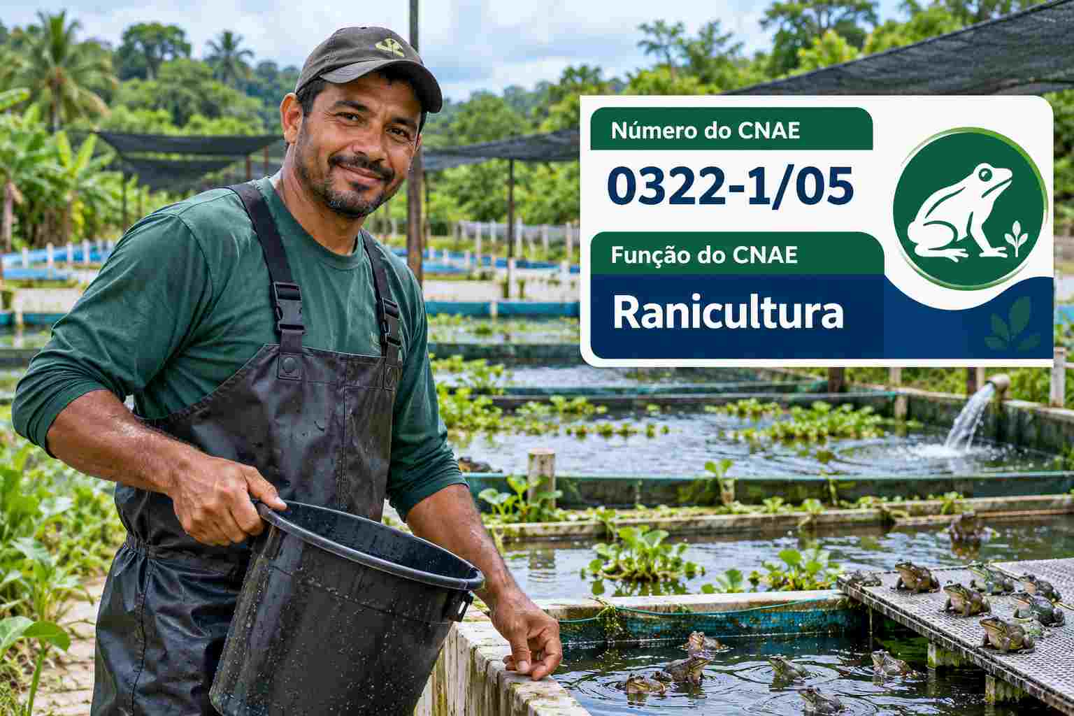 Baias de criação de rãs em ranário, ilustrando o CNAE 0322-1/05