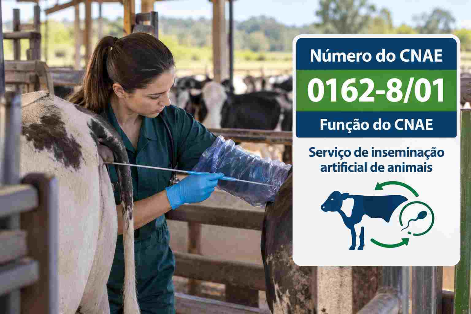 Técnico com botijão de sêmen em curral, ilustrando o CNAE 0162-8/01