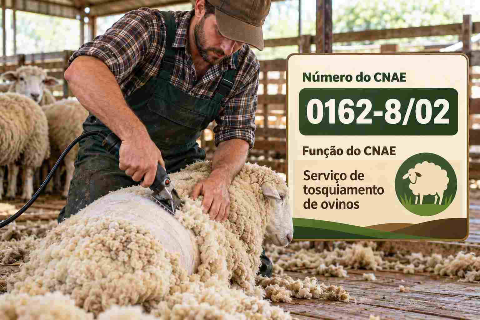 Tosquiador retirando a lã de uma ovelha, ilustrando o CNAE 0162-8/02